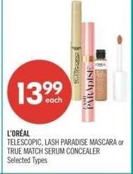 L'ORÉAL TELESCOPIC, LASH PARADISE MASCARA or TRUE MATCH SERUM CONCEALER - Selected Types