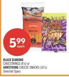 BLACK DIAMOND CHEESTRINGS (8's) or ARMSTRONG CHEESE SNACKS (10's) - Selected Types