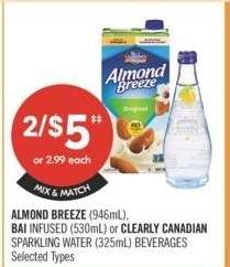 ALMOND BREEZE (946 mL), BAI Infused (530mL) or CLEARLY CANADIAN Sparkling Water (325mL) Beverages - Selected Types