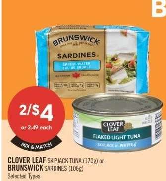 CLOVER LEAF Skipjack Tuna or BRUNSWICK - Selected Types