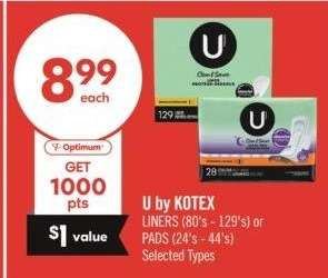 U by KOTEX LINERS (80's - 129's) or PADS (24's - 44's) - Selected Types