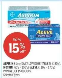 ASPIRIN 81mg DAILY LOW DOSE TABLETS (180's), MOTRIN (60's - 150's), ALEVE (110's - 170's) PAIN RELIEF PRODUCTS - Selected Types