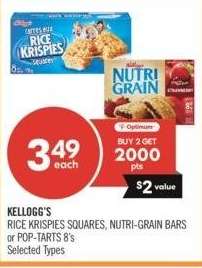 KELLOGG'S RICE KRISPIES SQUARES, NUTRI-GRAIN BARS or POP-TARTS - 8's Selected Types