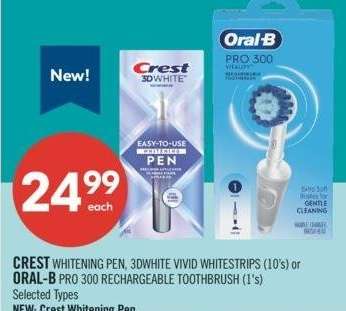 CREST WHITENING PEN, 3DWHITE VIVID WHITESTRIPS (10's) or ORAL-B PRO 300 RECHARGEABLE TOOTHBRUSH (1's) - Selected Types
NEW: Crest Whitening Pen