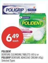 POLIDENT DENTURE CLEANSING TABLETS (40's) or POLIGRIP DENTURE ADHESIVE CREAM (40g) - Selected Types