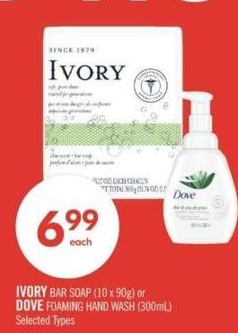 IVORY BAR SOAP (10 x 90g) or DOVE FOAMING HAND WASH (300mL) - Selected Types