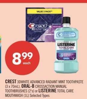 CREST 3DWHITE ADVANCED RADIANT MINT TOOTHPASTE (3 x 70mL), ORAL-B CROSSACTION MANUAL TOOTHBRUSHES (2's) or LISTERINE TOTAL CARE MOUTHWASH (1L) - Selected Types