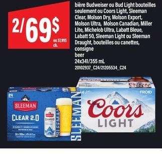 BIÈRE BUDWEISER OU BUD LIGHT BOUTEILLES SEULEMENT OU COORS LIGHT, SLEEMAN CLEAR, MOLSON DRY, MOLSON EXPORT, MOLSON ULTRA, MOLSON CANADIAN, MILLER LITE, MICHELOB ULTRA, LABATT BLEUE, LABATT 50, SLEEMAN LIGHT OU SLEEMAN DRAUGHT, BOUTEILLES OU CANETTES | bee