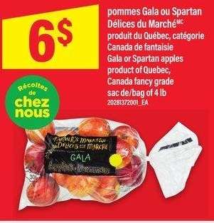 POMMES GALA OU SPARTAN DÉLICES DU MARCHÉ | Gala or Spartan apples - produit du Québec, catégorie
Canada de fantaisie

product of Quebec, Canada fancy grade Bag of 4 lb