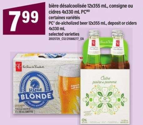 BIÈRE DÉSALCOOLISÉE 12X355 ML, CONSIGNE OU CIDRES 4X330 ML PC | PC® de-alcholized beer 12x355 mL, deposit or ciders, 4x330 mL - certaines variétés

selected varieties