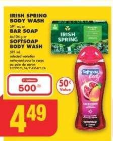 IRISH SPRING BODY WASH, 591 mL or BAR SOAP, 6x104 g or SOFTSOAP BODY WASH, 591 mL - selected varieties

nettoyant pour le corps