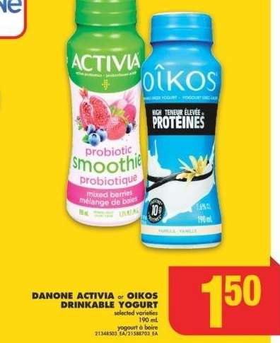 DANONE ACTIVIA or OIKOS DRINKABLE YOGURT - selected varieties 190 mL yogourt à boire