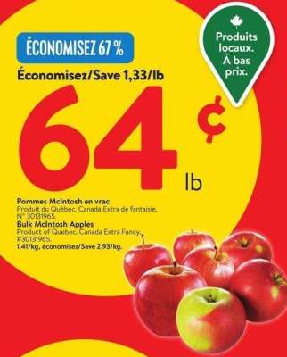 Bulk McIntosh Apples - Product of Quebec. Canada Extra Fancy.
#30131965.

1.41/kg, Save 2.93/kg