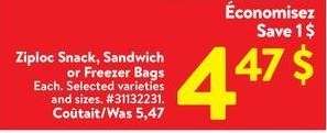 Ziploc Snack, Sandwich or Freezer Bags - Each. Selected varieties and sizes. 31132231