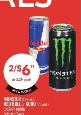 MONSTER (473mL), RED BULL or GURU (355mL) ENERGY DRINK - Selected Types