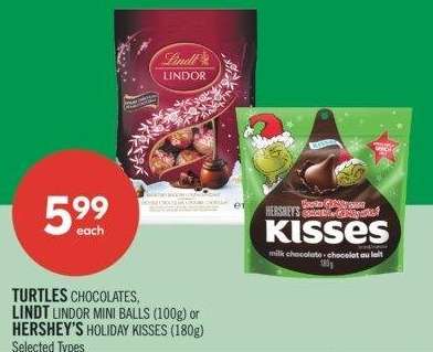 TURTLES CHOCOLATES, LINDT LINDOR MINI BALLS (100g) or HERSHEY'S HOLIDAY KISSES (180g) - Selected Types