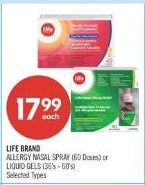 LIFE BRAND ALLERGY NASAL SPRAY (60 Doses) or LIQUID GELS (36's - 60's) - Selected Types