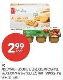 PC ARROWROOT BISCUITS (350g), ORGANICS APPLE SAUCE CUPS (6's) or SQUEEZE FRUIT SNACKS (4's) - Selected Types