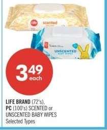 LIFE BRAND (72's), PC (100's) SCENTED or UNSCENTED BABY WIPES - Selected Types