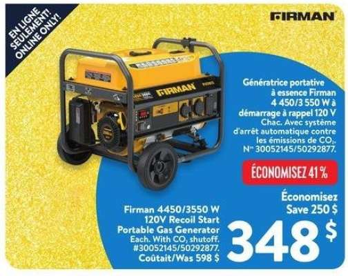 Firman 4450/3550 W 120V Recoil Start Portable Gas Generator - Each. With CO, shutoff. #30052145