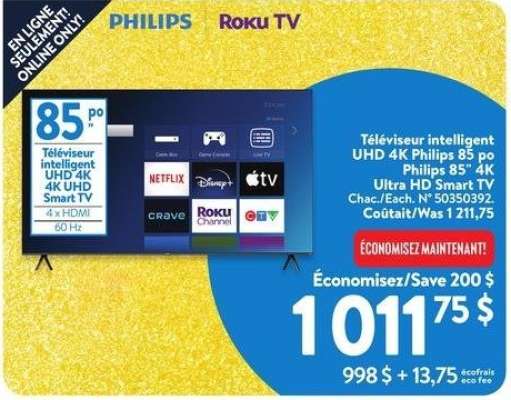 Philips 85" 4K Ultra HD Smart TV - Each. 50350392

998 $ + 13,75 eco fee