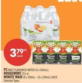 PC MIST FLAVOURED WATER (6 x 500mL), ROUGEMONT (2L) or MINUTE MAID (8 x 200mL - 10 x 200mL) JUICE - Selected Types