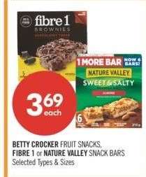 BETTY CROCKER FRUIT SNACKS FIBER 1 or NATURE VALLEY SNACKS BARS - Selected Types & Sizes