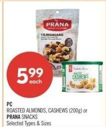 PC ROASTED ALMONDS, CASHEWS (200 g) or PRANA SNACKS - Selected Types & Sizes