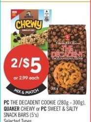 PC THE DECADENT COOKIE (280g - 300g), QUAKER CHEWY or PC SWEET & SALTY SNACK BARS (5's) - Selected Types