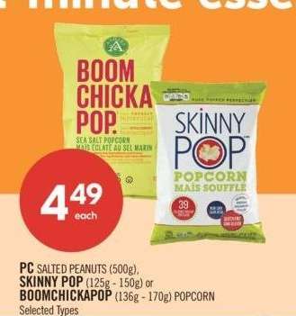 PC SALTED PEANUTS (500g), SKINNY POP (125g - 150g) or BOOMCHICKAPOP (136g - 170g) POPCORN - Selected Types