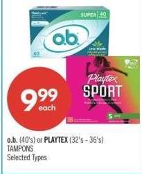 o.b. (40's) or PLAYTEX (32's - 36's) TAMPONS - Selected Types