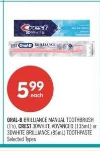 ORAL-B BRILLIANCE MANUAL TOOTHBRUSH (1's), CREST 3DWHITE ADVANCED (135mL) or 3DWHITE BRILLIANCE (85mL) TOOTHPASTE - Selected Types