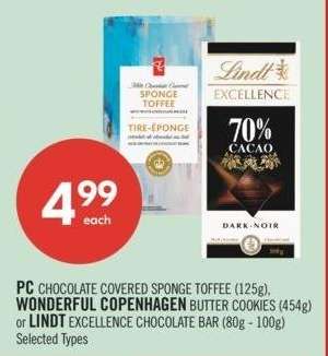 PC CHOCOLATE COVERED SPONGE TOFFEE (125g), WONDERFUL COPENHAGEN BUTTER COOKIES (454g) or LINDT EXCELLENCE CHOCOLATE BAR (80g - 100g) - Selected Types