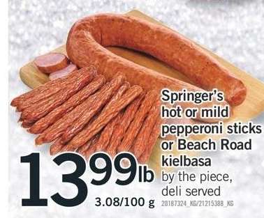 Springer's hot or mild pepperoni sticks or Beach Road kielbasa