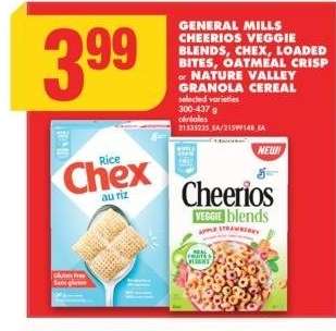 GENERAL MILLS CHEERIOS VEGGIE BLENDS, CHEX, LOADED BITES, OATMEAL CRISP or NATURE VALLEY GRANOLA CEREAL, 300-437 g - selected varieties 
céréales