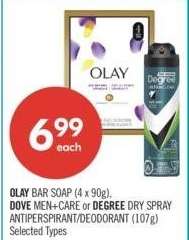 OLAY BAR SOAP (4 x 90g), DOVE MEN+CARE or DEGREE DRY SPRAY ANTIPERSPIRANT/DEODORANT (107g) - Selected Types