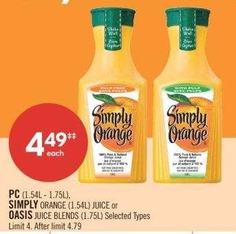 PC (1.54L - 1.75L), SIMPLY ORANGE (1.54L) JUICE or OASIS JUICE BLENDS (1.75L) - Selected Types