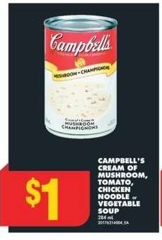 CAMPBELL'S CREAM OF MUSHROOM, TOMATO, CHICKEN NOODLE or VEGETABLE SOUP, 284 mL