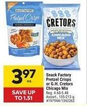 Snack Factory Pretzel Crisps or G.H. Cretors Chicago Mix