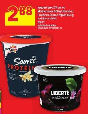 YOGOURT GREC 2/4 UN. OU MÉDITERRANÉE 500 G LIBERTÉ OU PROTÉINES SOURCE YOPLAIT 650 G - certaines variétés

yogurt
selected varieties