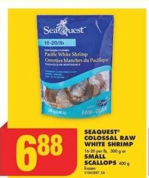 SEAQUEST® COLOSSAL RAW WHITE SHRIMP 16-20 per lb, 300 g or SMALL SCALLOPS 400 g - frozen