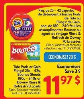 Tide Pods or Gain Flings, Bounce Sheets, or Downy Rinse & Refresh