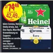 bière Corona, Heineken, Stella Artois, Sol, Dos Equis, Blue Moon, Kronenbourg ou Sapporo