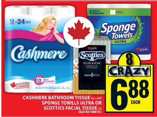 Cashmere Bathroom Tissue, Sponge Towels Ultra, or Scotties Facial Tissue