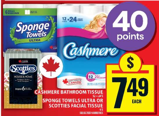Cashmere Bathroom Tissue, Sponge Towels Ultra, or Scotties Facial Tissue