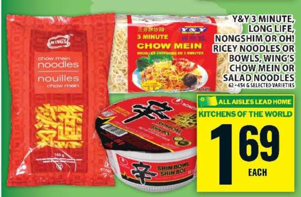 Y&Y 3 Minute, Long Life, Nongshim or Oh! Ricey Noodles or Bowls, Wing's Chow Mein or Salad Noodles