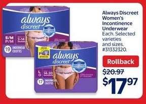 Always Discreet Women's Incontinence Underwear