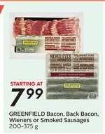 GREENFIELD Bacon, Back Bacon, Wieners or Smoked Sausages
