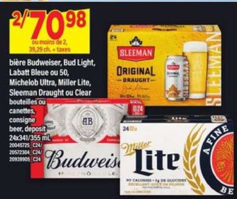 bière Budweiser, Bud Light, Labatt Bleue ou 50, Michelob Ultra, Miller Lite, Sleeman Draught ou Clear