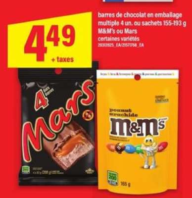 barres de chocolat en emballage multiple 4 un. ou sachets 155-193 g M&M's ou Mars